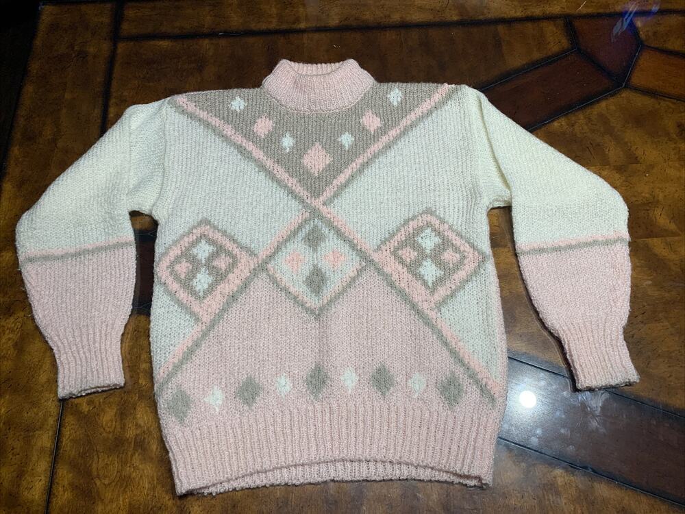 VINTAGE 1980s DEB ACRYLIC SWEATER KNIT CREWNECK GEOMETRIC MEDIUM M RETRO PINK